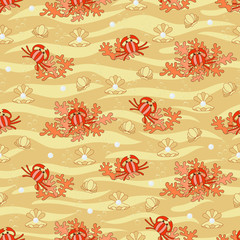 Yellow sunny sand seamless pattern with funny sea world: cartoon crab, pearl, shell, coral, waves, sea bottom. Tile background for your design, fabric textile, wallpaper or wrapping paper. 
