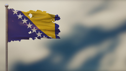 Bosnia and Herzegovina 3D tattered waving flag illustration on Flagpole.