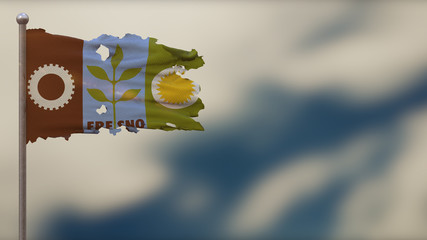 Fresno California 3D tattered waving flag illustration on Flagpole.
