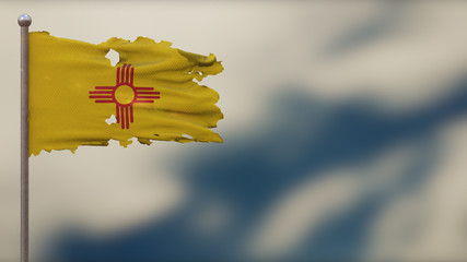 New Mexico 3D tattered waving flag illustration on Flagpole.