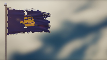 Quebec City 3D tattered waving flag illustration on Flagpole.