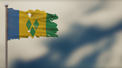 Saint Vincent And The Grenadines 3D tattered waving flag illustration on Flagpole.