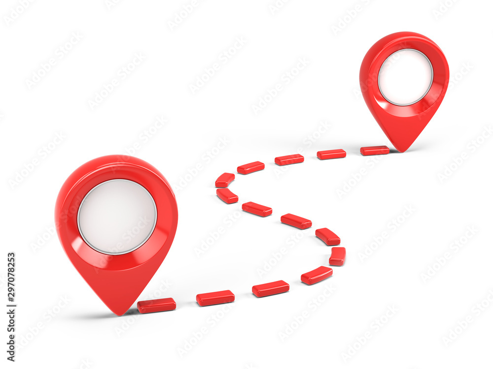 Fototapete two red glossy map pointers and path - 3d location icons isolated on white. 3d rendering