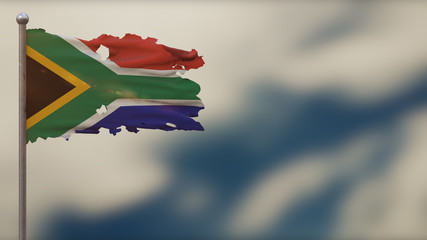 South Africa 3D tattered waving flag illustration on Flagpole.