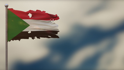 Sudan 3D tattered waving flag illustration on Flagpole.
