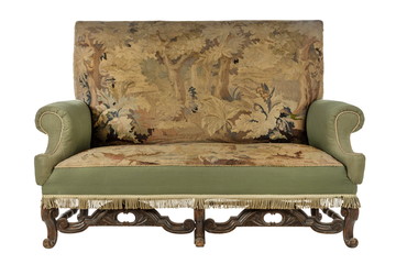 antique sofa settee with old original tapestry upholstery isolated on white