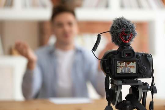 Close up professional digital equipment recording video blog of student