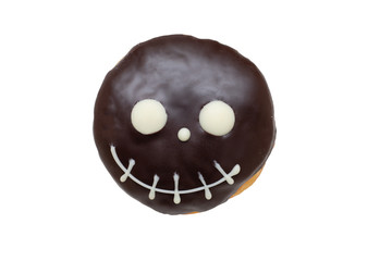 Cute Halloween donuts treat with chocolate frosting isolated on white background