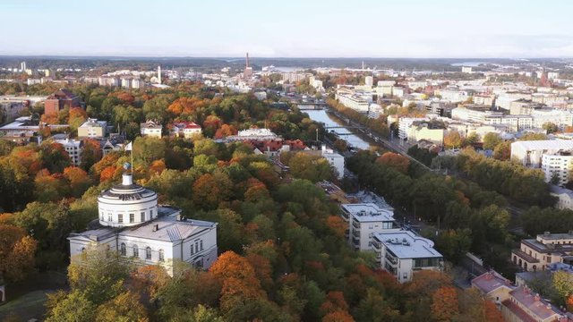 Aerial view of city center district at autumn morning in Turku, Finland. 4K Aerial footage