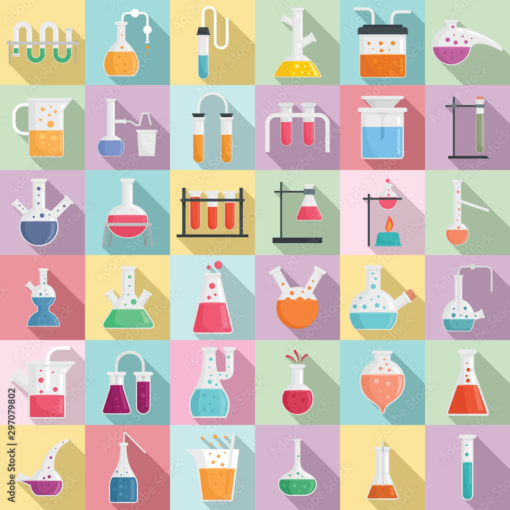 Poster chemical laboratory experiment icons set. flat set of chemical laboratory experiment vector icons fo