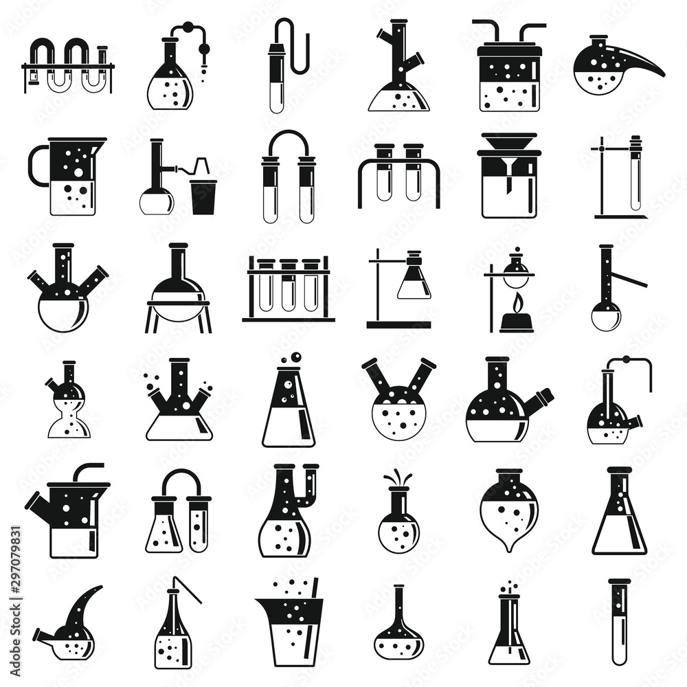 Poster modern chemical laboratory experiment icons set. simple set of modern chemical laboratory experiment
