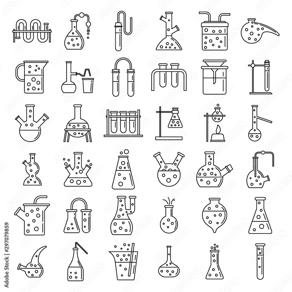 Poster school chemical laboratory experiment icons set. outline set of school chemical laboratory experimen