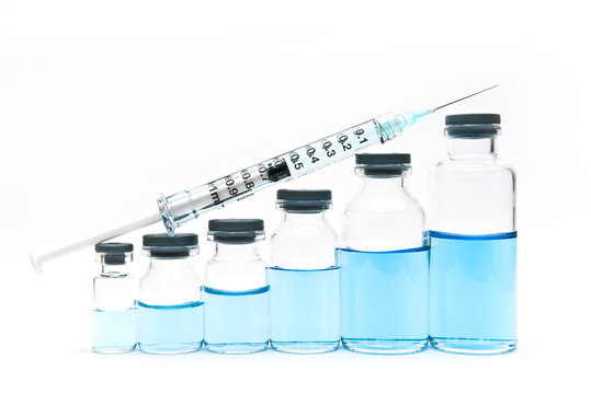 A seringe and serial volume up of medicine vials containing liquid medicine. Growth of pharmaceutical industry
