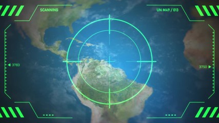 View of the world map with the camera flying over and focusing on Central America and the Caribbean. Including green HUD overlay with crosshair circle. Elements of this video are furnished by NASA. - Powered by Adobe