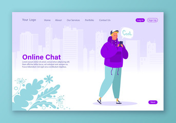 Smart technologies in human life. Young men with smartphone chatting and texting using internet services and gadget. Social media concept for web page tamlate. Cartoon, flat, vector illustration.