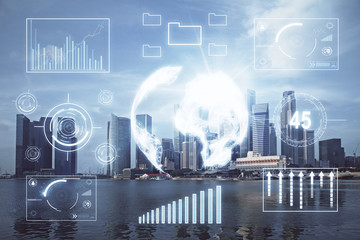 Forex chart on cityscape with tall buildings background multi exposure. Financial research concept.