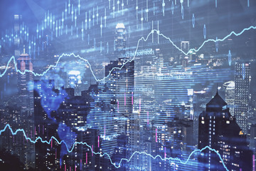 Double exposure of forex chart drawings over cityscape background. Concept of success.