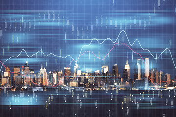 Financial graph on night city scape with tall buildings background double exposure. Analysis concept.