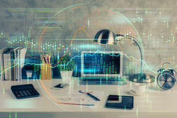 Double exposure of forex graph and work space with computer. Concept of international online trading.
