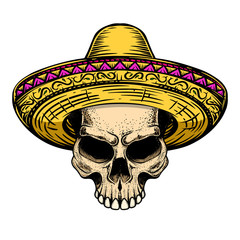 Illustration of skull in sombrero isolated on white background. Design element for logo, label, badge, sign. Vector illustration