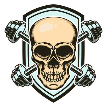Sport emblem with skull and crossed barbells. Design element for logo, label, sign. Vector illustration