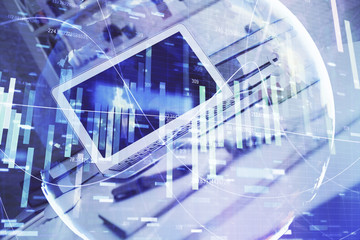 Fototapeta premium Multi exposure of business theme icons and table with computer background. Concept of success.