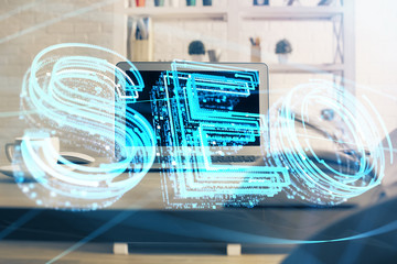 Multi exposure of table with computer and seo drawing hologram. Search optimization concept.