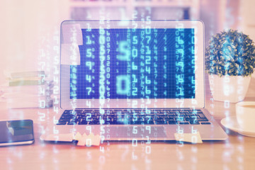 Technology theme drawing and table with computer. Double exposure. Concept of information.