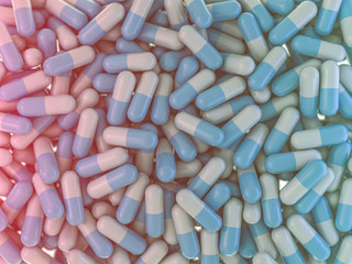 Many colorful pills abstract background. 3D