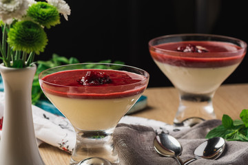 Traditional Italian dessert panna cotta with raspberries sauce