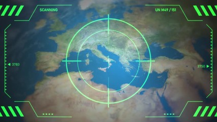 View of the world map with the camera flying over and focusing on Eastern Europe. Including green HUD overlay with crosshair circle. Elements of this video are furnished by NASA. - Powered by Adobe