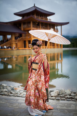 Young women wearing traditional Japanese Kimono at Japanese castle