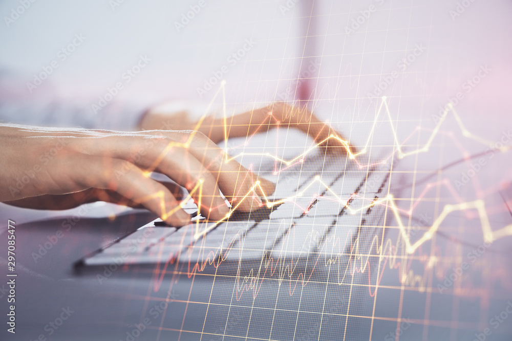 Poster Forex graph with businessman working on computer in office on background. Concept of hardworking. Closeup. Multi exposure.
