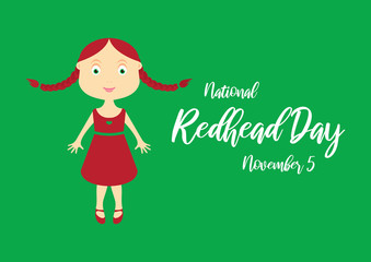 National Redhead Day vector. Beautiful redhead girl with plaits vector. Redhead woman cartoon character. Cute little girl icon. Young woman with red hair and plaits vector. Redhead girl in red dress