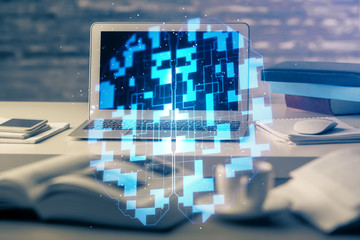 Technology theme drawing and table with computer. Multi exposure. Concept of information.