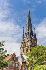 Fototapeta na wymiar Tower of the historic Nikolaikirche church in Flensburg, Germany