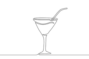 Alcohol or non-alcoholic drink in transparent glass with straw drawing in style of one continuous line black color. Self drawing. Isolated on white background