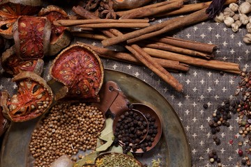 Composition of Spices and seasonings for cooking on the table ( Top view )
