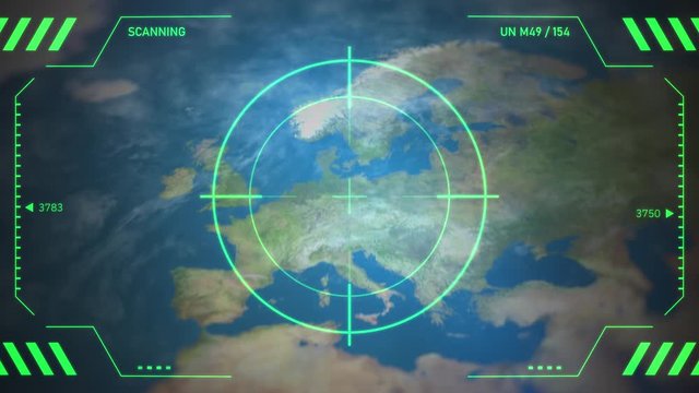 View of the world map with the camera flying over and focusing on Northern Europe. Including green HUD overlay with crosshair circle. Elements of this video are furnished by NASA.