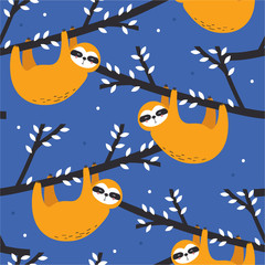 Seamless pattern, sloths on the branches, hand drawn overlapping backdrop. Colorful background vector. Illustration with animals. Decorative colored wallpaper, good for printing © Talirina
