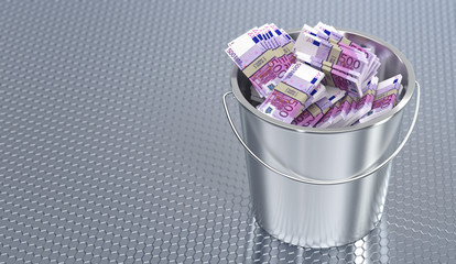 500 euro banknotes in a bucket - 3D Rendering