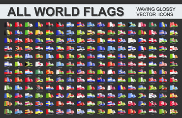All world flags - vector set of waving icons. All countries