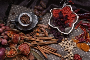 Composition of Spices and seasonings for cooking on the table ( Top view )