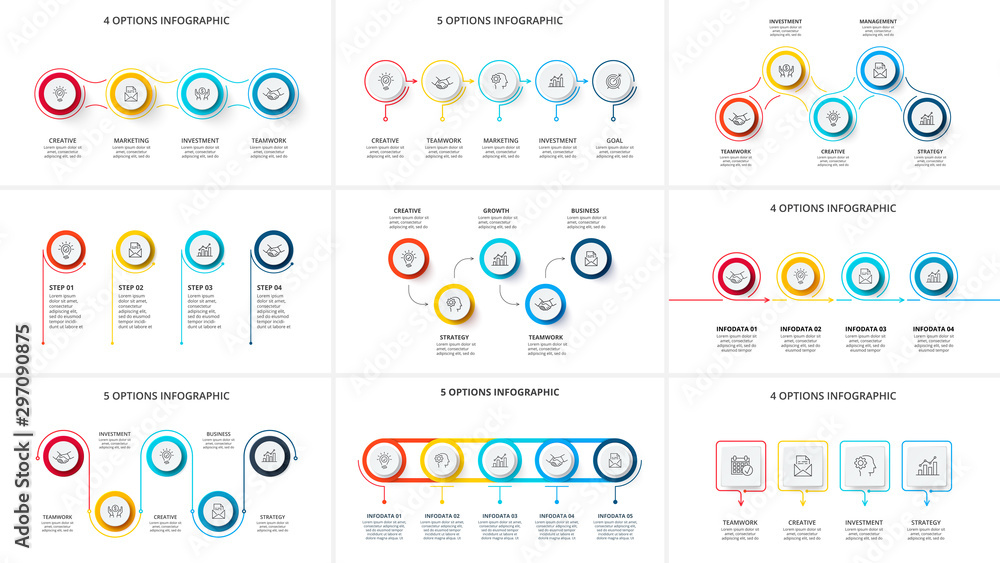 Poster Business data visualization. Process chart infographic set. Abstract elements of graph, diagram with 4 and 5 steps, options, parts or processes. Vector business template for presentation.