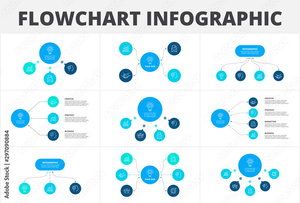 Poster Flowchart infographic set. Illustration for data visualization with 3, 4, 5 and 6 processes. Structure template.