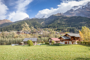 The pretty French Alpine village of Les Contamines-Montjoie, nestling below the Domes de Miage