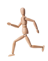 Wooden man isolated on a white background. Gestalt in the form of a running man. profile view