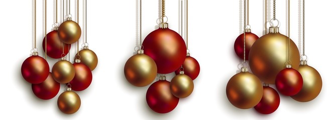 Fototapeta na wymiar Christmas and New Year red golden Christmas ball snowflakes on chain, vector