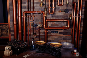chemist's laboratory with smoke, pipes, test tubes