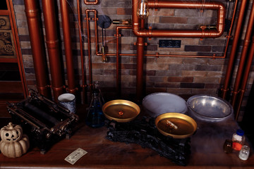 chemist's laboratory with smoke, pipes, test tubes